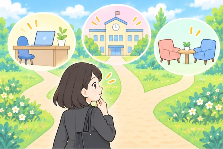 3本に分かれた道の前に立ち、どの道に進むか考える女性のイラスト
