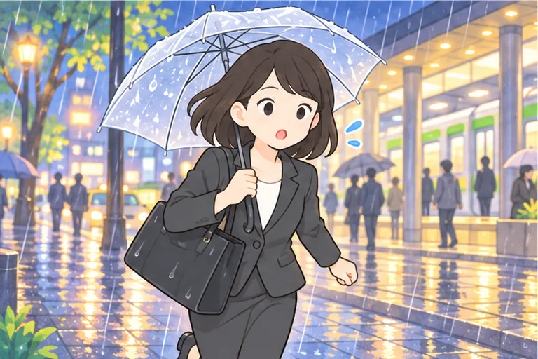 夕方の雨の中、傘を差して急ぎ足で歩く女性のイラスト