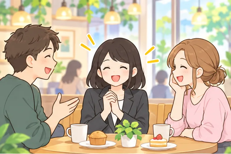 週末のカフェで、教室の仲間2人と楽しくおしゃべりする女性のイラスト