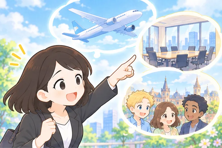 飛行機や会議室の絵が浮かぶ中から、1つを指さして目標を決める女性のイラスト