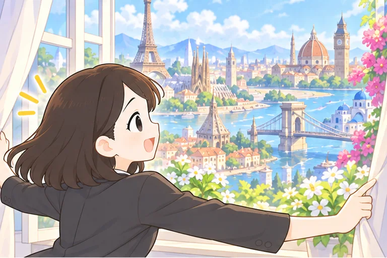 大きな窓を開けると世界各地の景色が広がり、目を輝かせる女性のイラスト