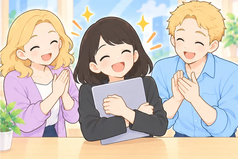 選んだノートパソコンを胸に抱えて笑う女性と、拍手する講師2人のイラスト