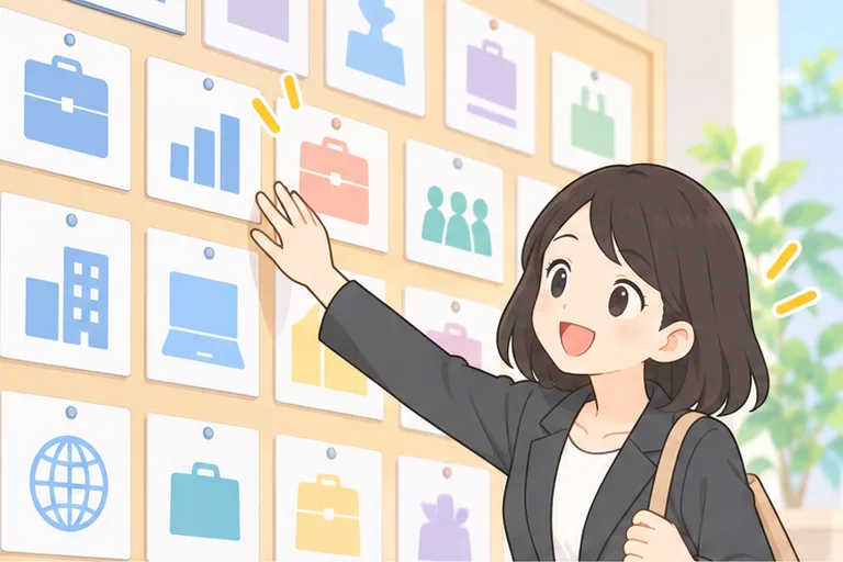 掲示板に並ぶ求人カードを見上げ、手の届くものが増えて喜ぶ女性のイラスト