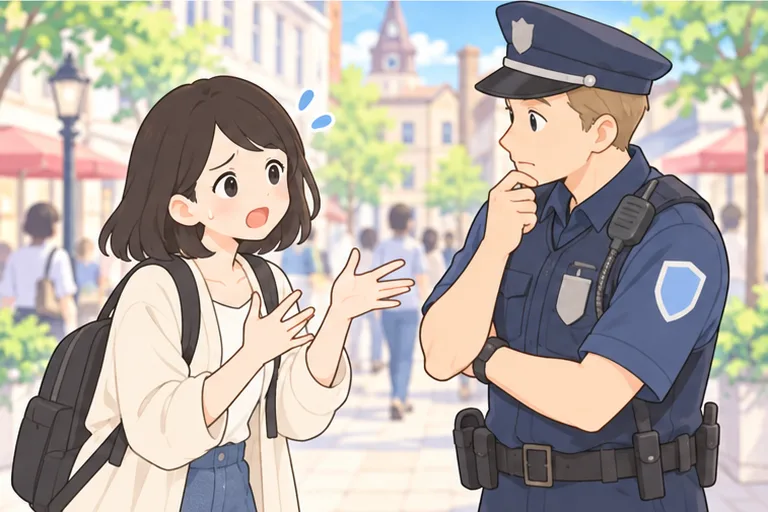 海外の街角で困った顔をしながら、落とし物のことを警察官に説明する女性のイラスト