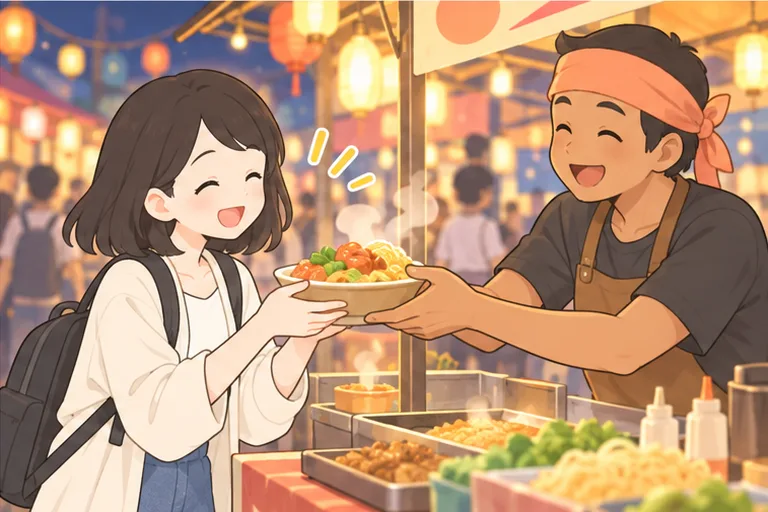 海外の屋台で地元の店主と笑顔で話しながら、料理を受け取る女性のイラスト