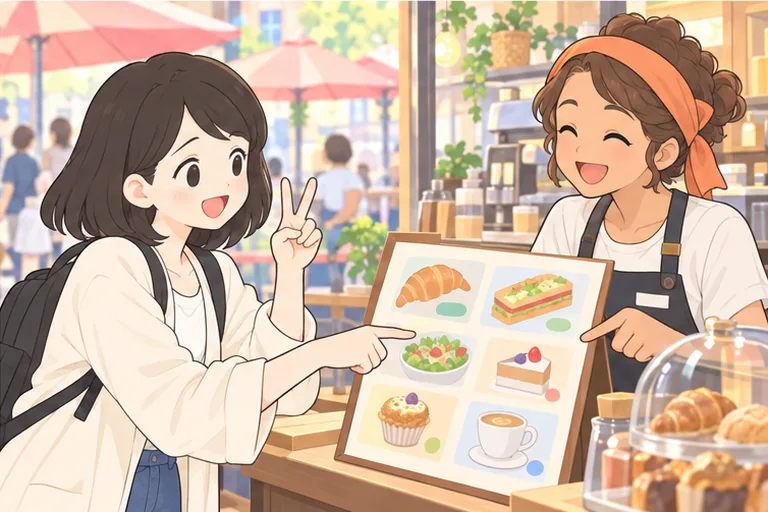 海外のカフェでメニューを指さし、ジェスチャーと笑顔で注文する女性のイラスト