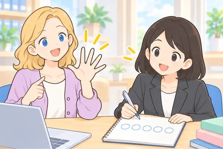 5本の指を広げて説明する女性講師と、ノートに5つの丸を描いてうなずく女性のイラスト