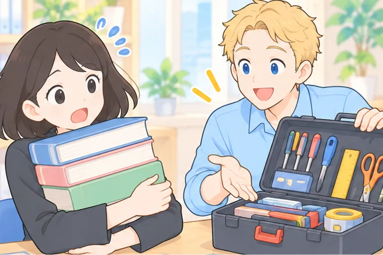 分厚い文法書を抱えて固まる女性会社員に、工具箱を開けて見せる男性講師のイラスト