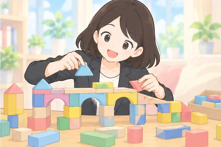 色も形もさまざまな積み木を組み合わせて、長い橋を組み立てる女性会社員のイラスト
