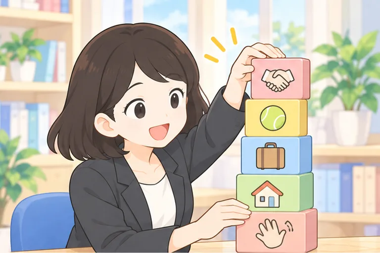 手を振る手や家、かばんなどの絵が描かれた5つの積み木を、順に積み上げる女性のイラスト