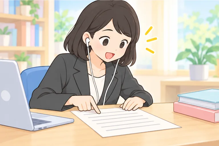 イヤホンで音声を聞き、印刷した原稿を指でなぞりながら口を大きく動かす女性会社員のイラスト