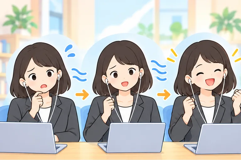 同じ音声で練習を重ねるうちに、戸惑い顔から笑顔に変わっていく女性会社員のイラスト