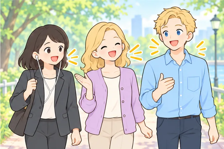 朝の公園で、並んで歩きながら楽しそうに声を出す女性会社員と講師2人のイラスト