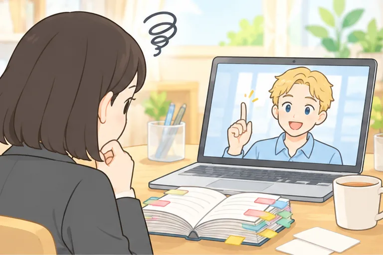 使い込んだ単語帳を前に、画面の男性講師の前で言葉が出てこず固まる女性のイラスト