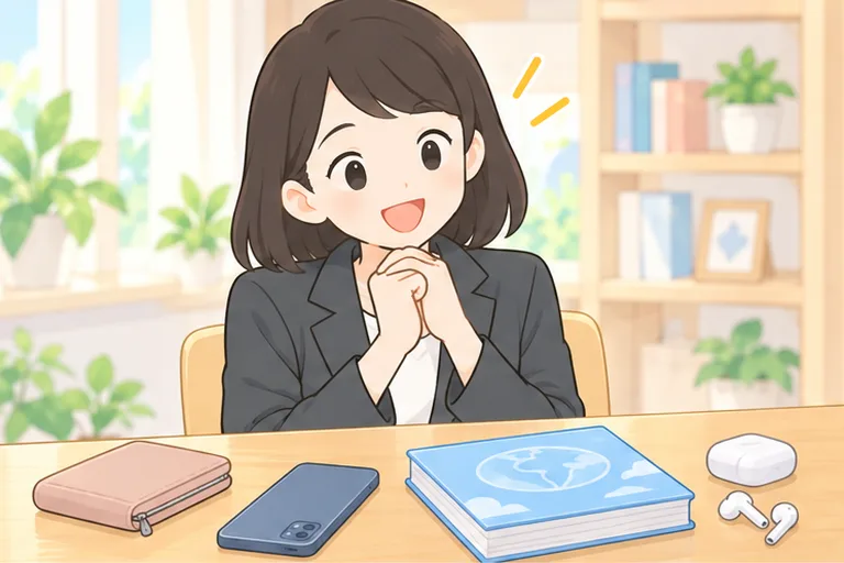 財布を閉じたまま、机の学習道具を前に笑顔を見せる女性のイラスト