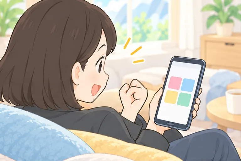 ソファでスマホの英語クイズを解いて、小さくガッツポーズする女性のイラスト