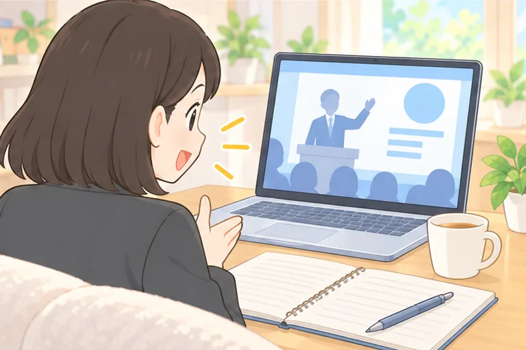 ノートパソコンで講演の動画を見ながら、一緒に口を動かしてまねする女性のイラスト