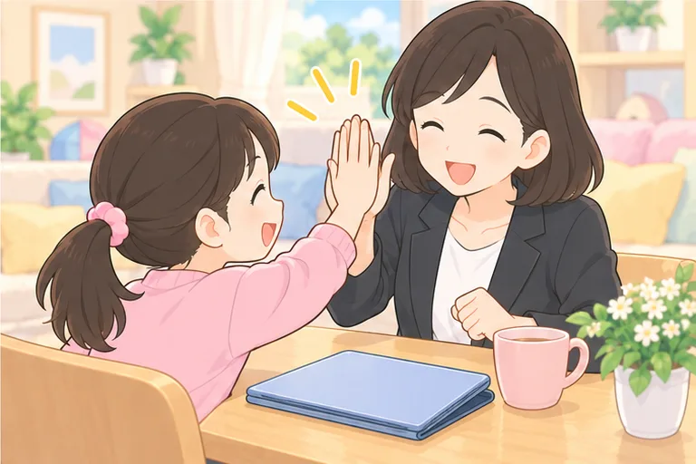 レッスンを終えて、笑顔でハイタッチする母親と娘のイラスト