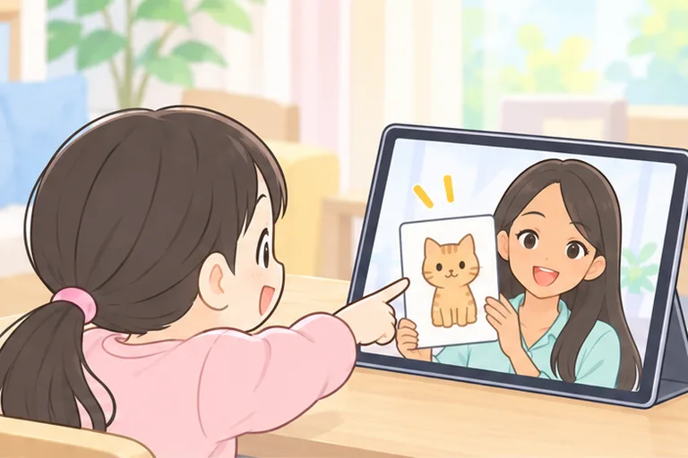 画面の講師が掲げた動物の絵カードを、身を乗り出して指さす女の子のイラスト