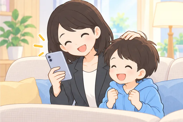 スマホで講師からの報告を読みながら、隣の男の子の頭をなでて褒める母親のイラスト