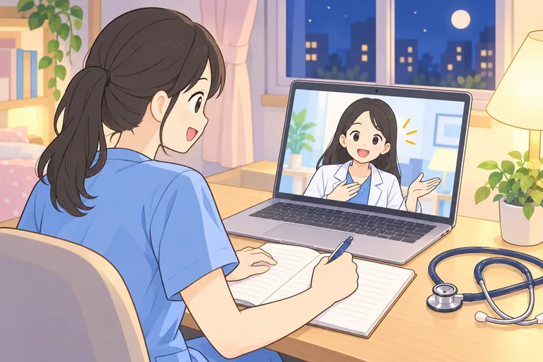 夜、自宅の机でノートパソコンの医療英語レッスンを受けながら、ノートにメモを取る看護師の女性のイラスト
