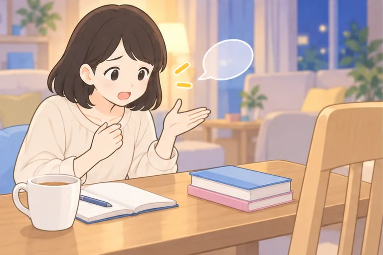 自分の部屋で、向かいの空っぽの椅子に向かって一人で英語を話している女性のイラスト