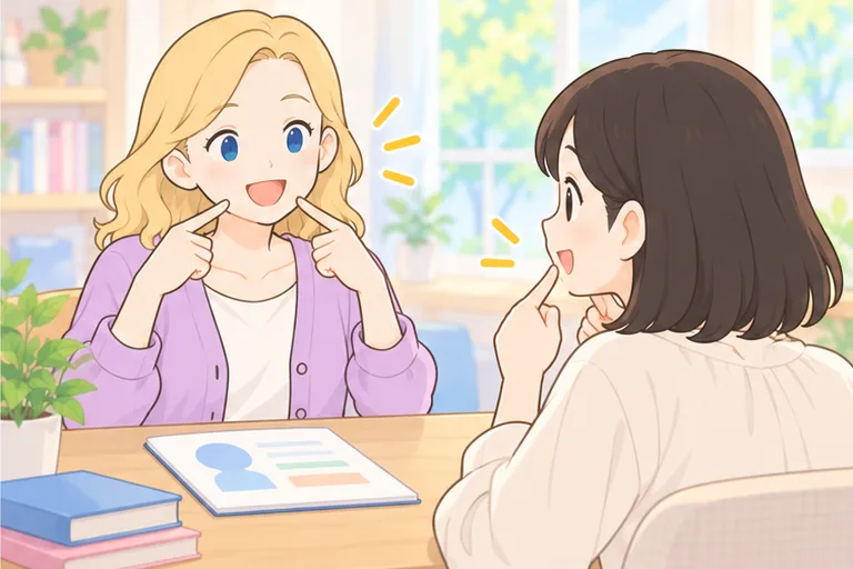 口元を指して口の形を見せる女性講師と、それをまねする女性のイラスト