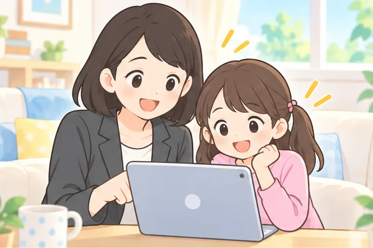 ソファに並んで座り、タブレットを見ながら英会話を選ぶ母親と女の子のイラスト