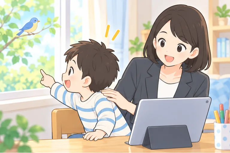 レッスン中によそ見する男の子と、隣でやさしく声をかける母親のイラスト