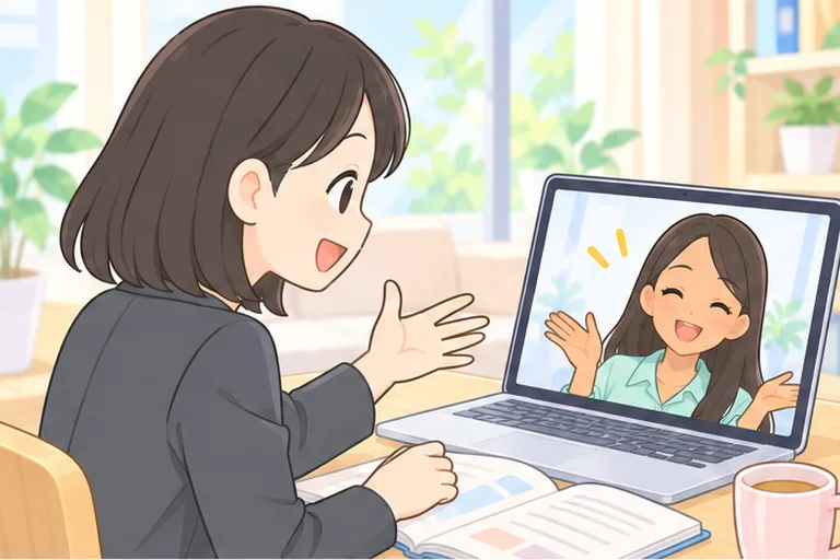 開いたテキストを横に置き、画面の女性講師とレッスンをする女性のイラスト