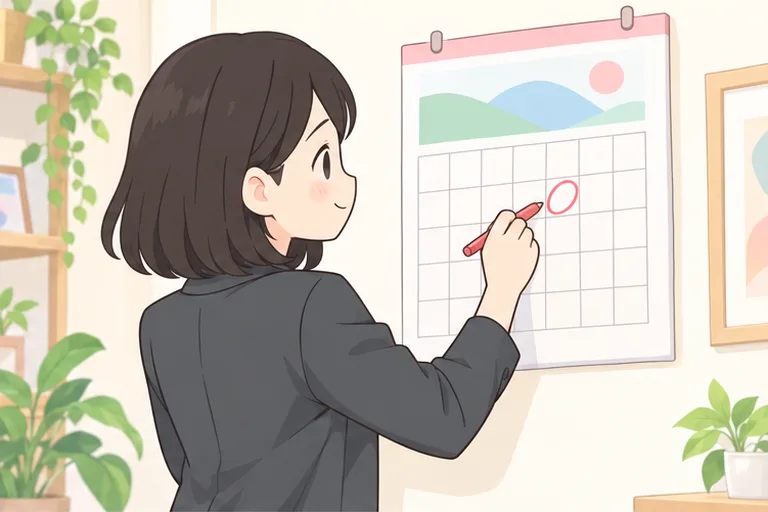 壁のカレンダーのマスに赤い丸をつけて、期限を書き込む女性のイラスト