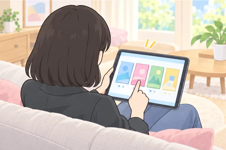 タブレットに並ぶ本の表紙をスワイプして、読みたい1冊を選ぶ女性のイラスト