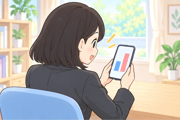 長さの違う2本の棒グラフが映ったスマホを見て、料金を比べる女性のイラスト