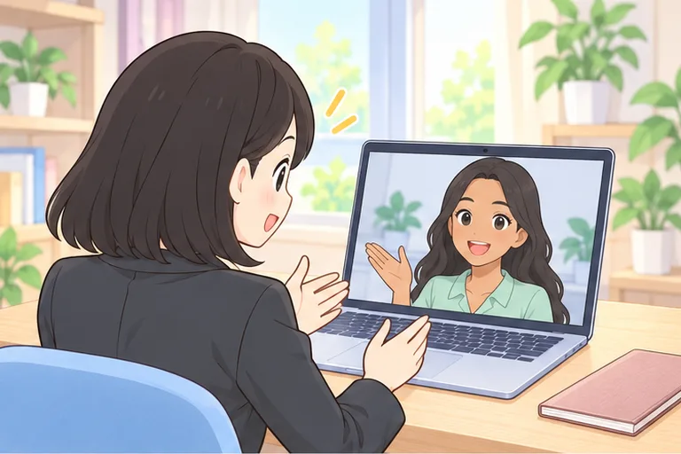 画面のフィリピン人の女性講師と英語で話す女性のイラスト