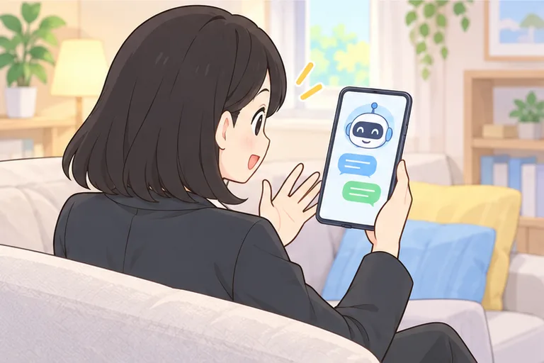 スマホで、AIとの会話練習をする女性のイラスト