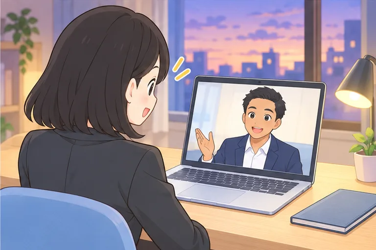 夜明け前の早朝、画面のスーツ姿のトレーナーとレッスンを受ける女性のイラスト