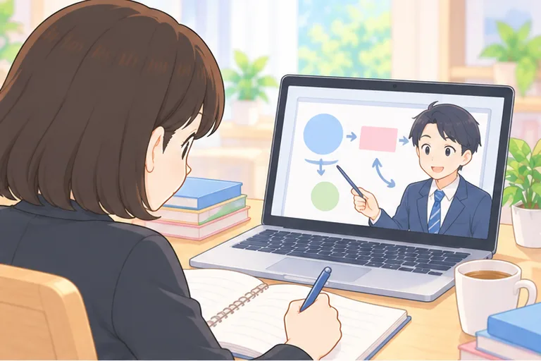 画面の日本人の男性講師が図で解き方を説明し、メモを取る女性のイラスト