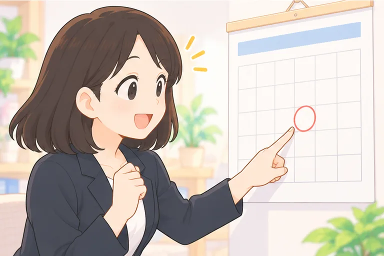 カレンダーの試験日の赤い丸を指さして、決意の表情をする女性のイラスト