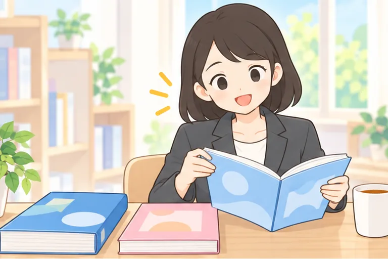 厚さの違う3冊の教材から、自分のレベルに合う1冊を手に取る女性のイラスト