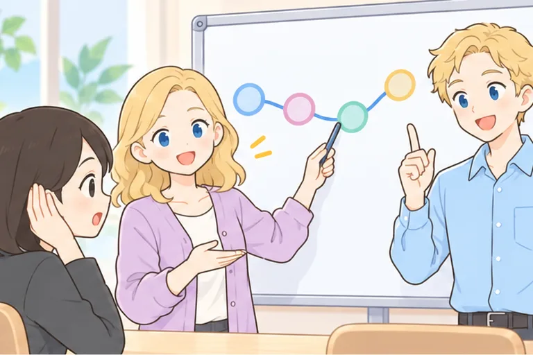 音がつながる様子を図で説明する講師と、目を丸くして聞く女性のイラスト