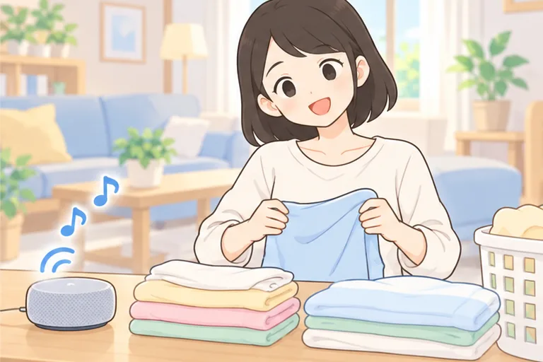 洗濯物をたたみながら、小さなスピーカーから流れる英語を聞き流す女性のイラスト