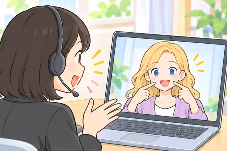 口を大きく開けて声を出す女性会社員と、口元を指してお手本を見せる画面の女性講師のイラスト