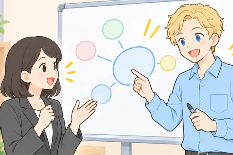 丸をつないだ図でリズムを説明する男性講師と、声に出す女性会社員のイラスト