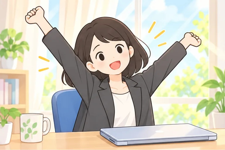朝日が差し込む窓辺で、レッスンを終えて気持ちよく伸びをする女性のイラスト