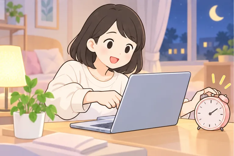 夜のうちにノートパソコンで翌朝のレッスンを予約し、目覚まし時計をセットする女性のイラスト