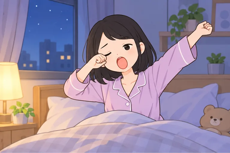 まだ暗い早朝の寝室で、ベッドに座ったまま眠そうにあくびをする女性のイラスト