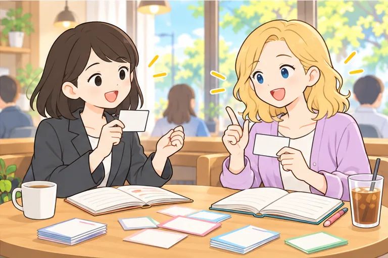 朝のカフェで友人と向かい合い、ノートを広げて一緒に英語を勉強する女性のイラスト