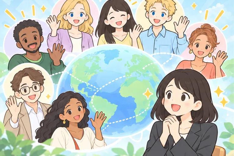地球儀の横に並ぶさまざまな国の講師を、わくわくしながら見上げる女性のイラスト