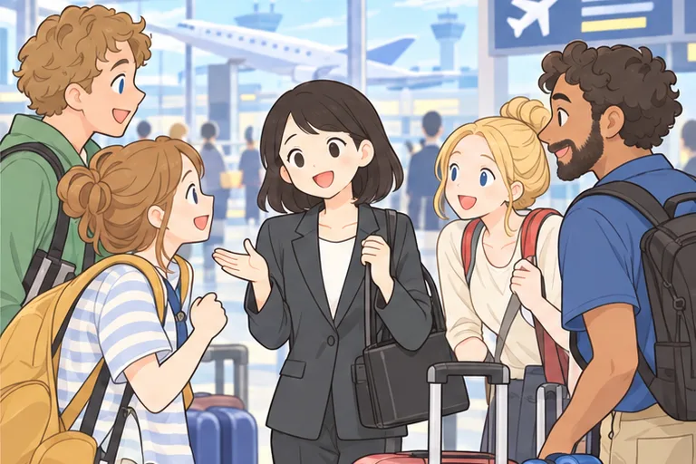 海外の空港でいろいろな国の人に話しかけられ、落ち着いて答える女性のイラスト