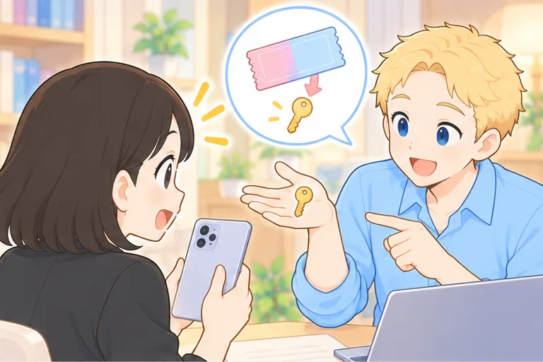 小さな鍵を手のひらに乗せて、追加の申し込みについて説明する男性講師のイラスト